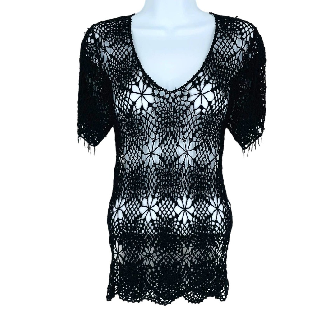 Vintage 90's Y2K The Limited Handknit Crochet Lace Beaded Short Sleeve Top Sz M